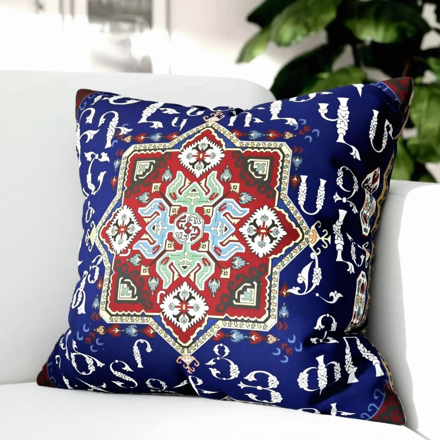 Blue and white Armenian alphabet square pillow cover
