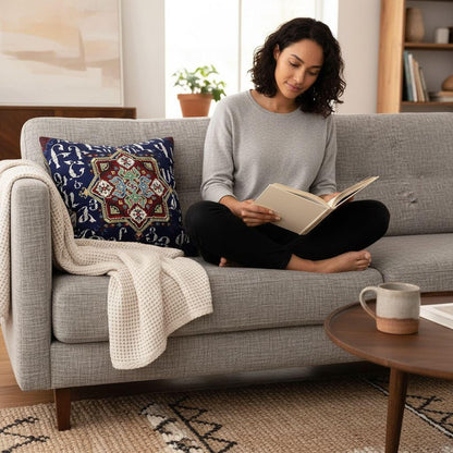 Armenian Alphabet Square Pillow Cover, Blue & White Heritage Decor - timelessbohochic.com