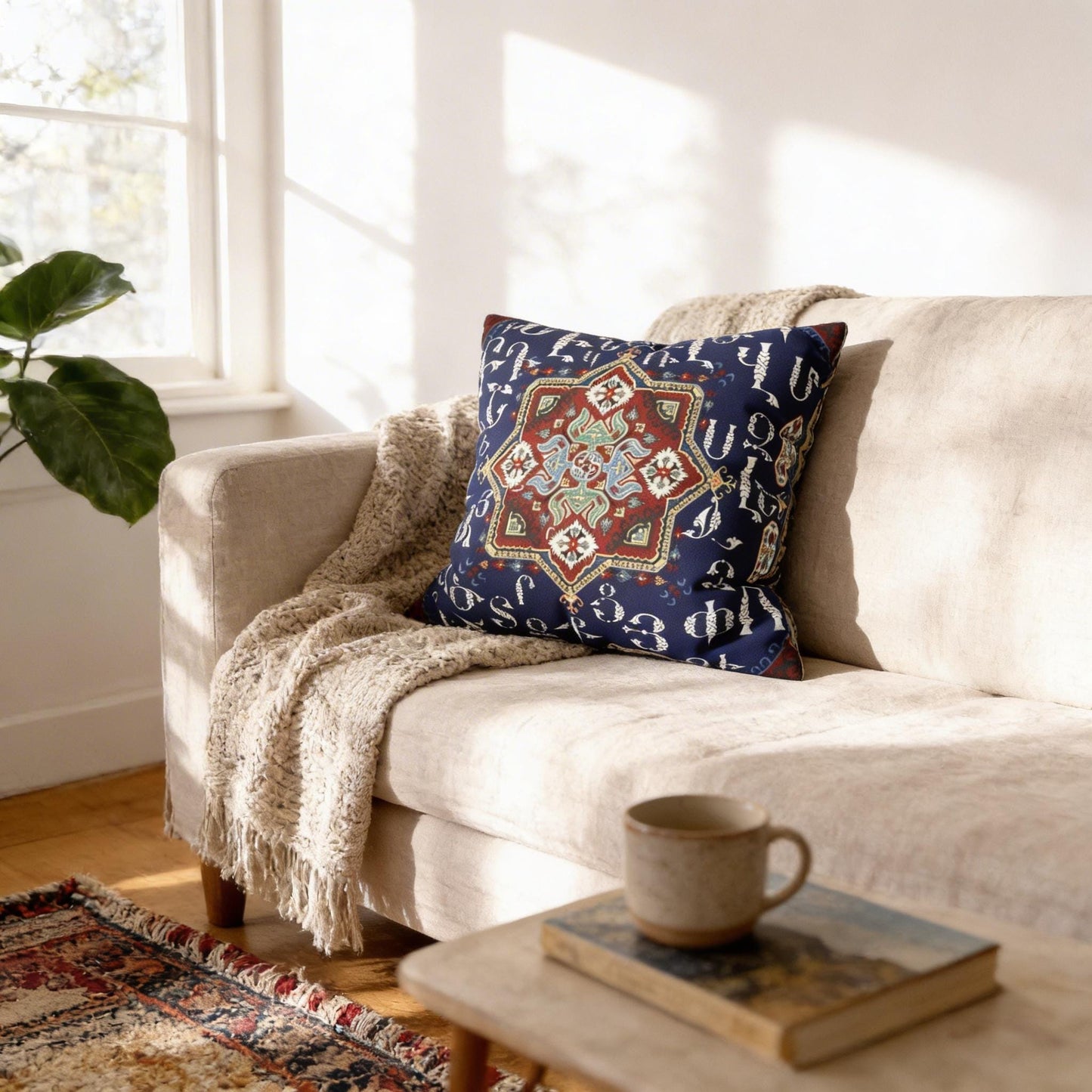 Armenian Alphabet Square Pillow Cover, Blue & White Heritage Decor - timelessbohochic.com