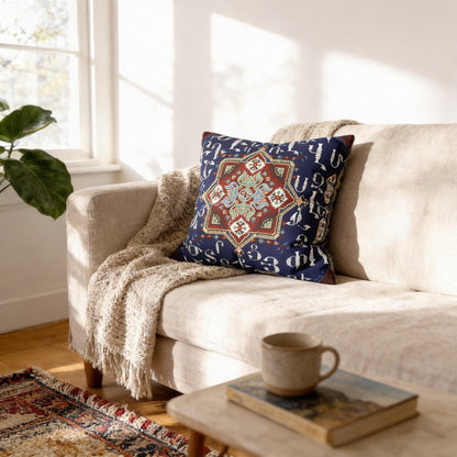 Armenian Alphabet Square Pillow Cover, Blue & White Heritage Decor - timelessbohochic.com