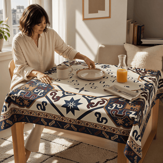 Armenian alphabet square tablecloth in cream, a woman setting juice and plates on the table