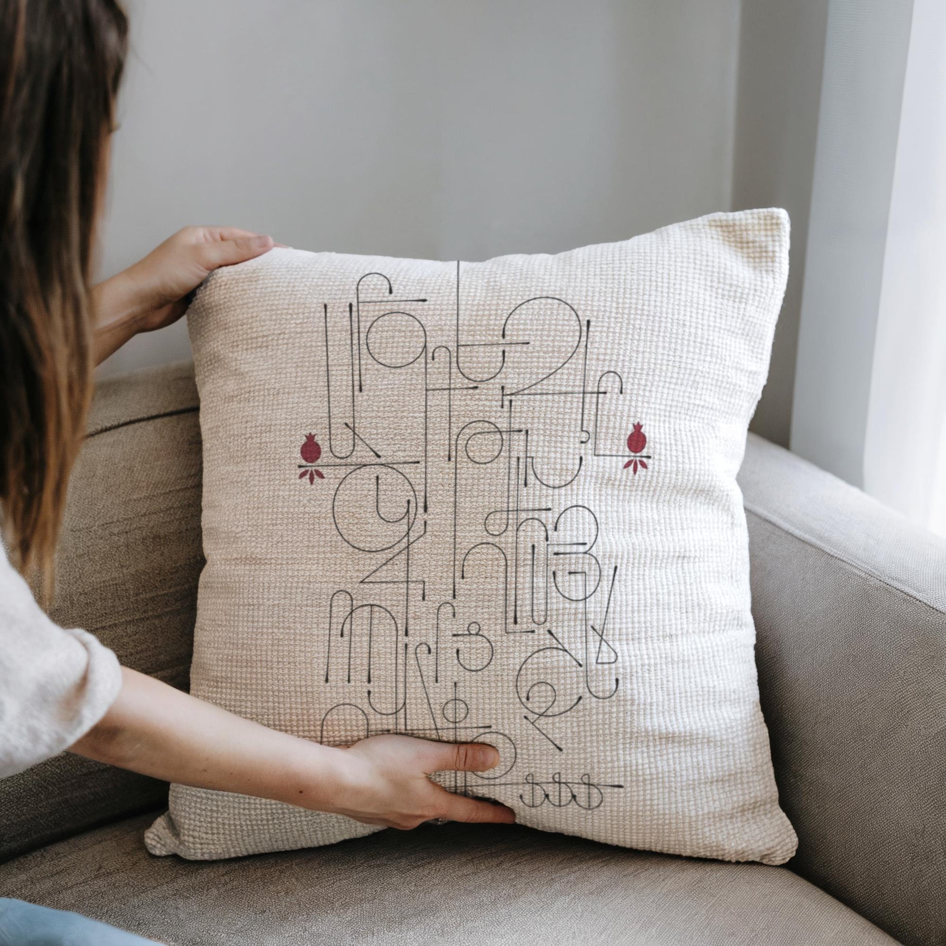 Armenian Alphabet Throw Pillow – Beige - timelessbohochic.com