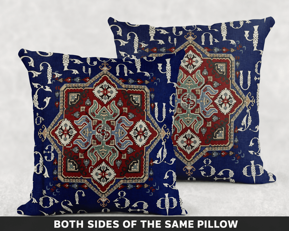 Armenian Alphabet Throw Pillow – Blue & Cream - timelessbohochic.com