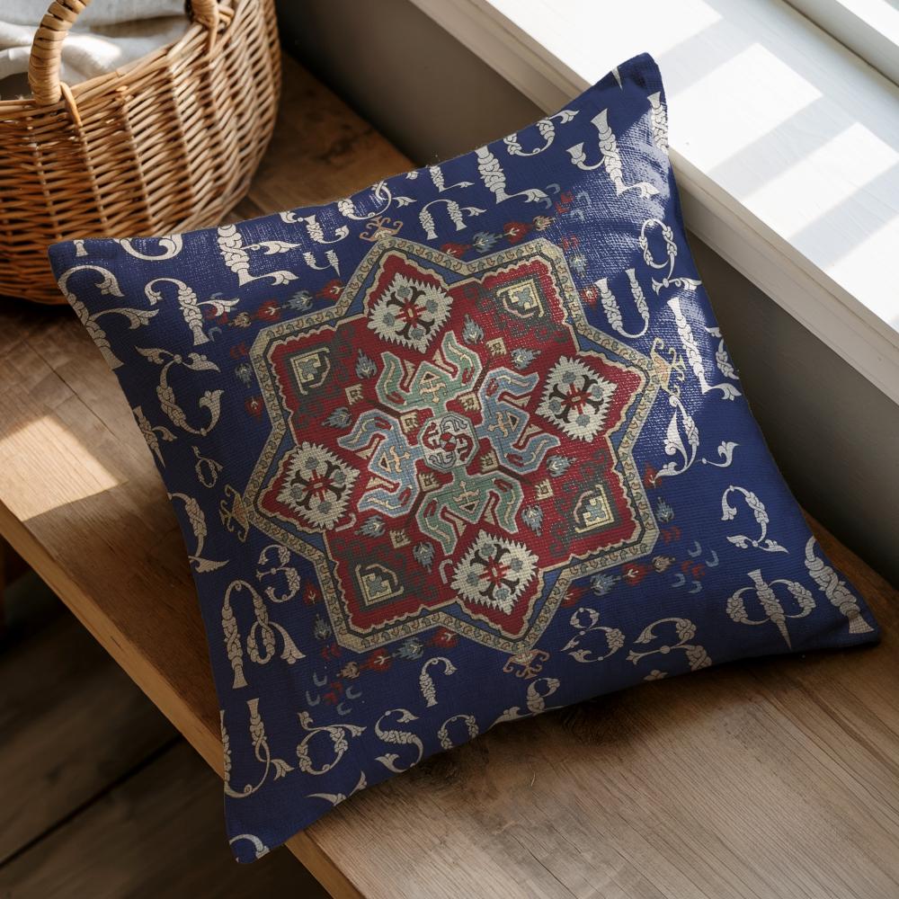 Armenian Alphabet Throw Pillow – Blue & Cream - timelessbohochic.com