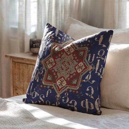 Armenian Alphabet Throw Pillow – Blue & Cream - timelessbohochic.com