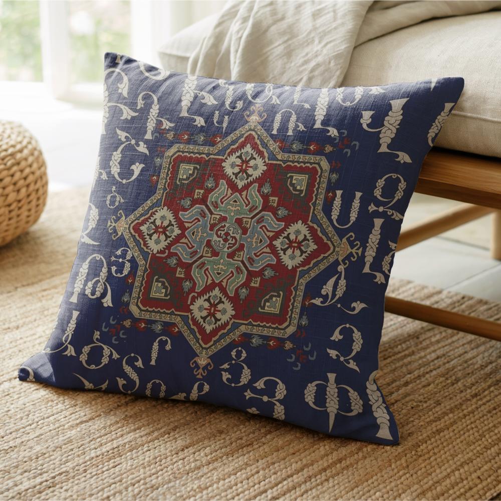 Armenian Alphabet Throw Pillow – Blue & Cream - timelessbohochic.com