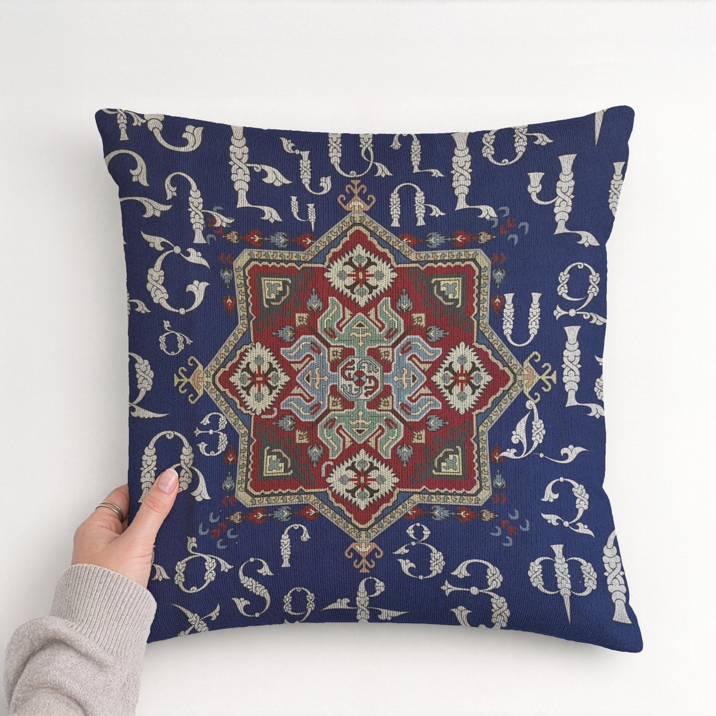 Armenian Alphabet Throw Pillow – Blue & Cream - timelessbohochic.com