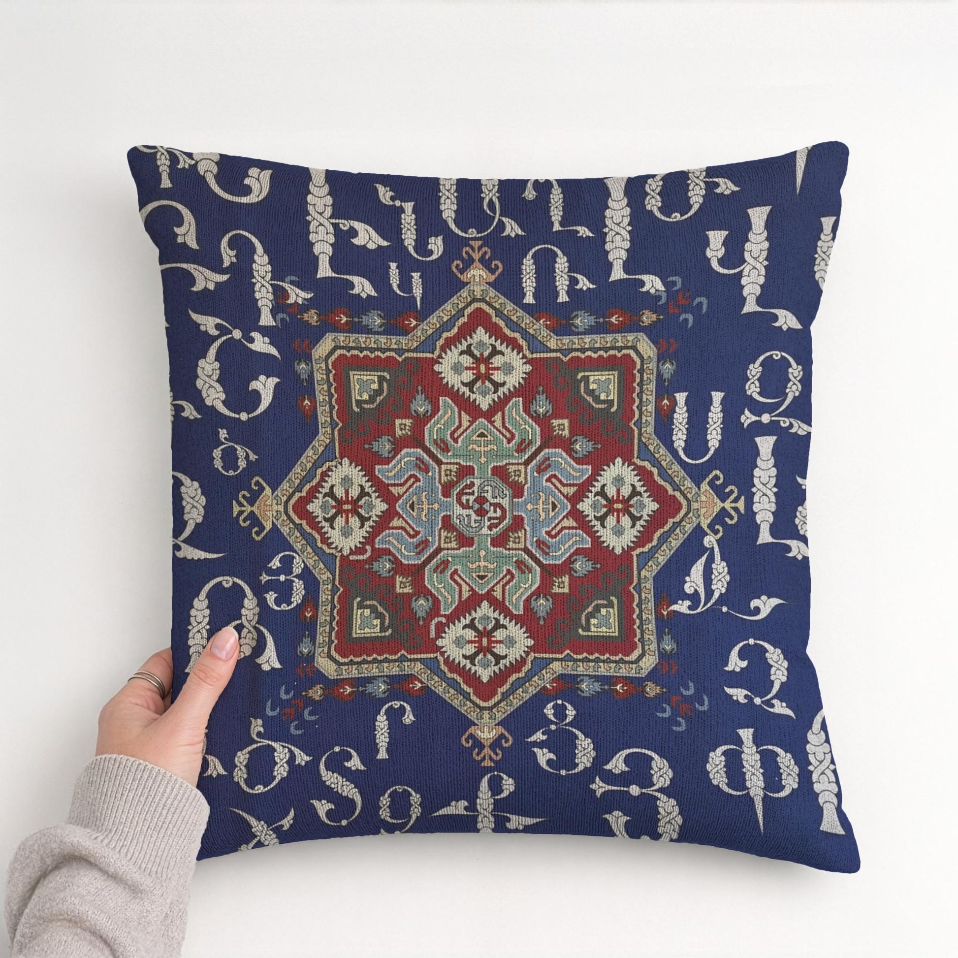 Armenian Alphabet Throw Pillow – Blue & Cream - timelessbohochic.com