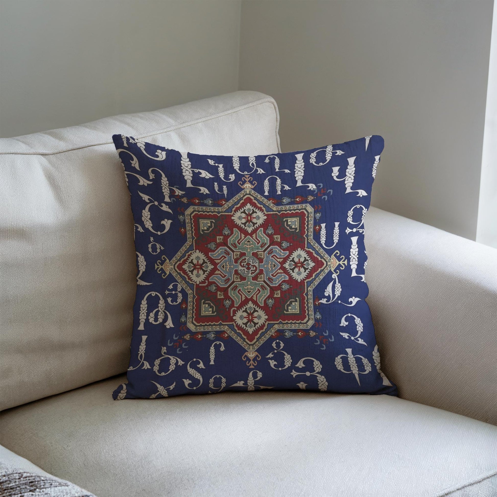 Armenian Alphabet Throw Pillow – Blue & Cream - timelessbohochic.com