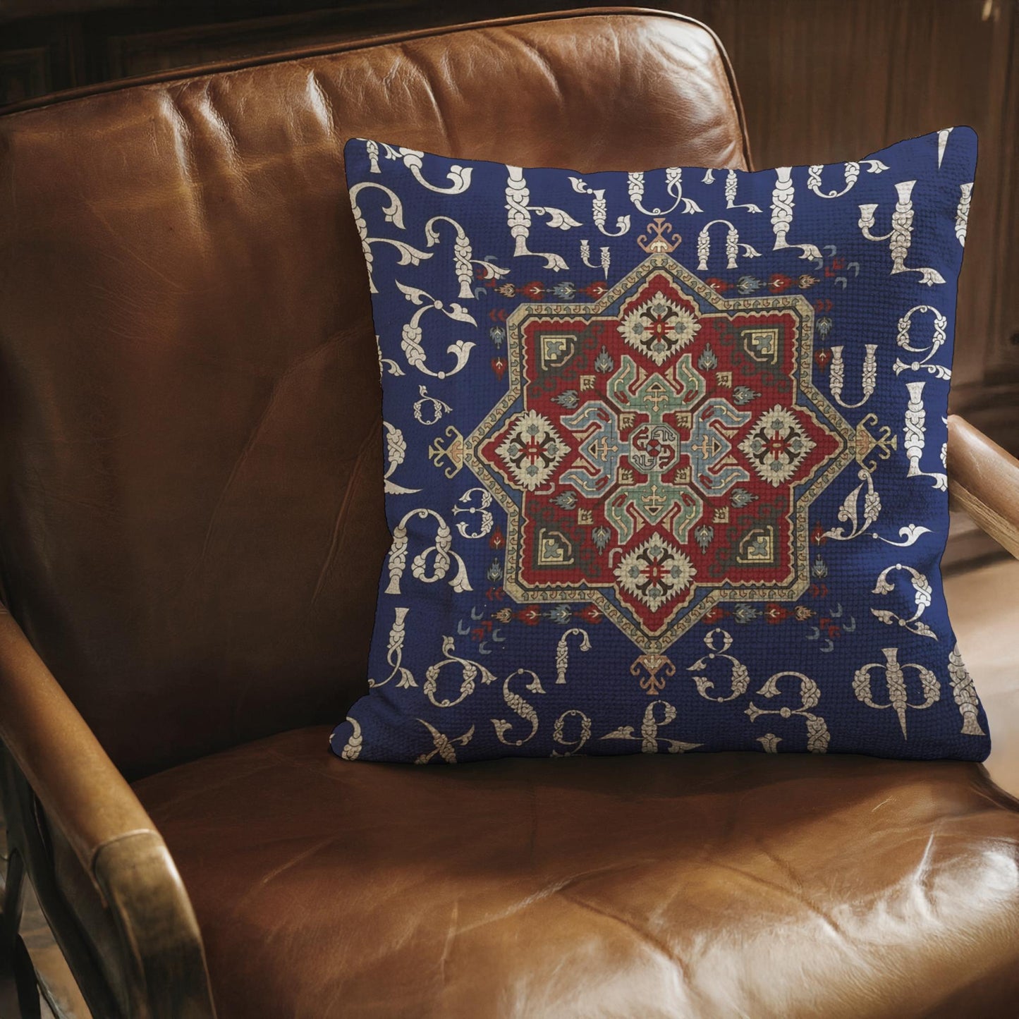 Armenian Alphabet Throw Pillow – Blue & Cream - timelessbohochic.com