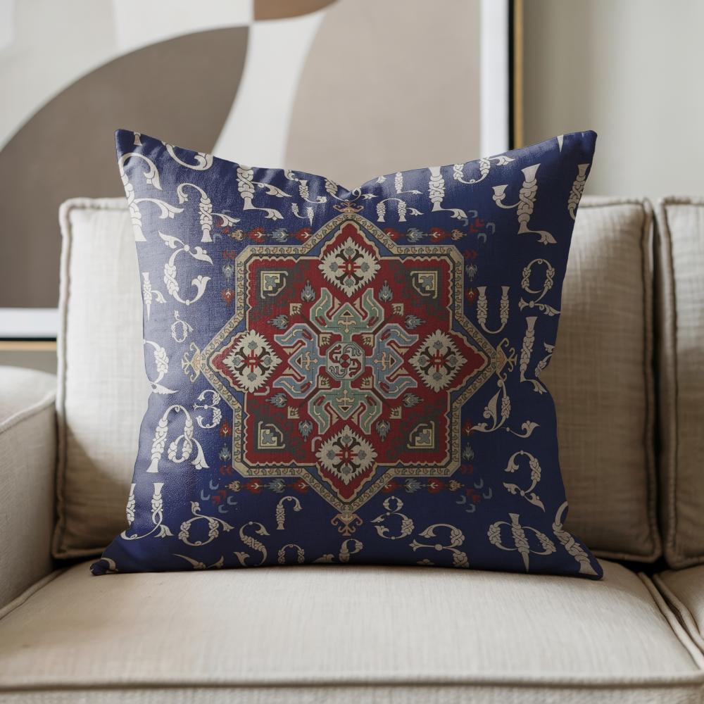 Armenian Alphabet Throw Pillow – Blue & Cream - timelessbohochic.com