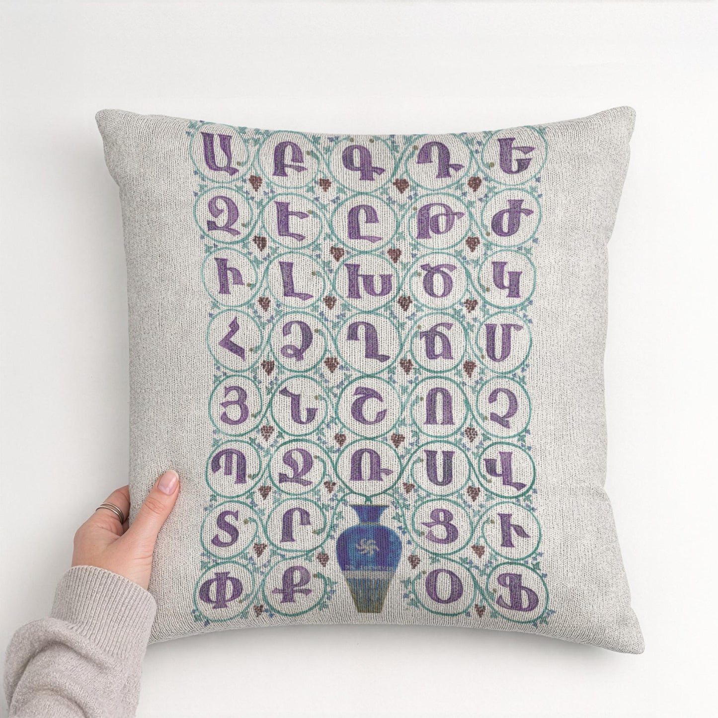 Armenian Alphabet Throw Pillow – Blue & Purple - timelessbohochic.com