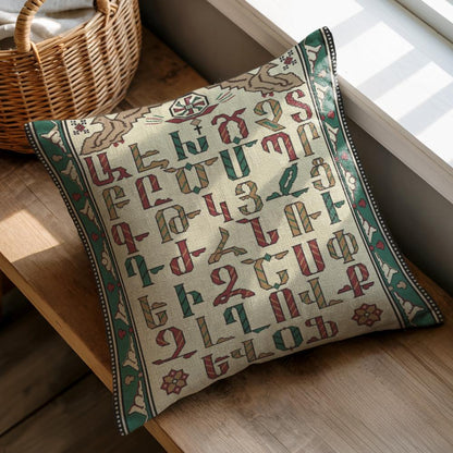 Armenian Alphabet Throw Pillow – Green & Red - timelessbohochic.com