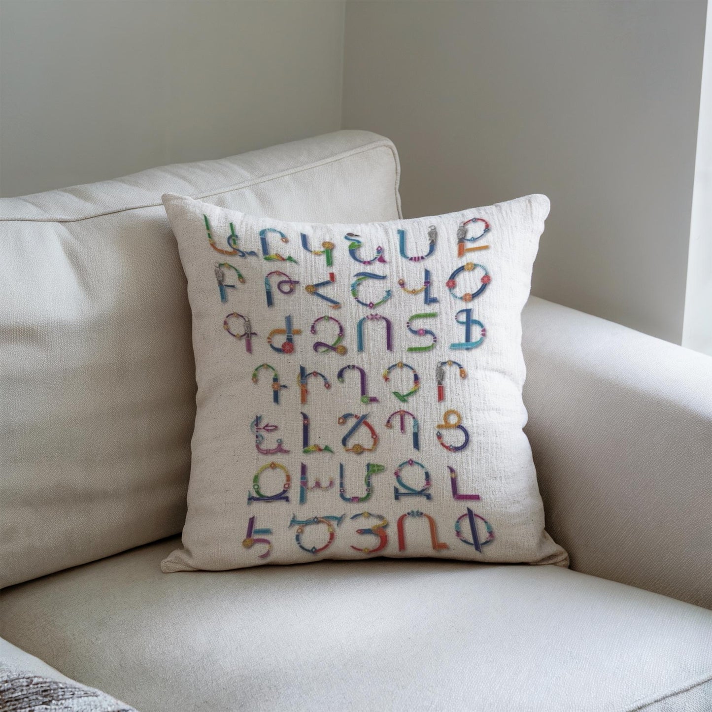 Armenian Alphabet Throw Pillow – Rainbow Multicolor - timelessbohochic.com