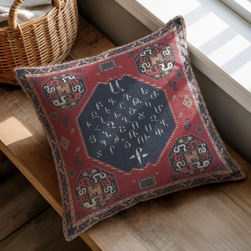 Armenian Alphabet Throw Pillow – Red & Blue - timelessbohochic.com
