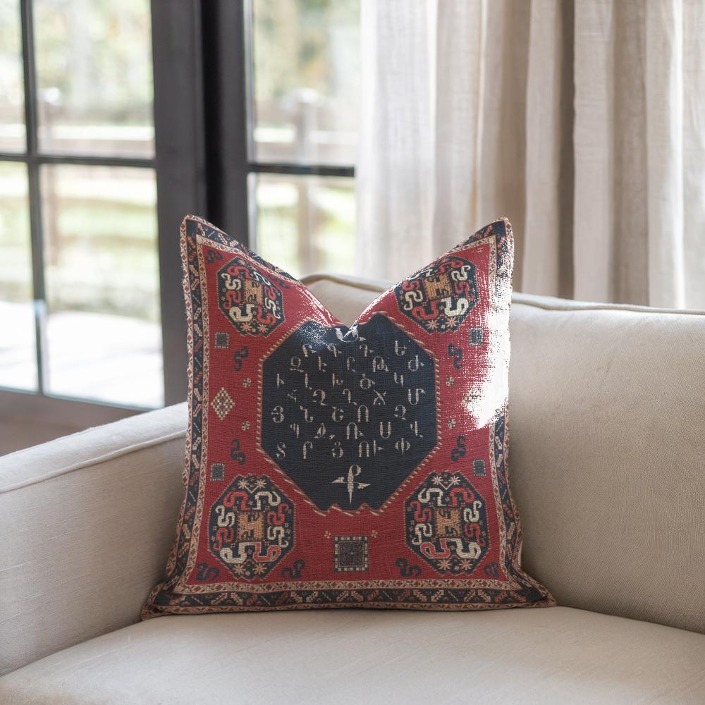 Armenian Alphabet Throw Pillow – Red & Blue - timelessbohochic.com