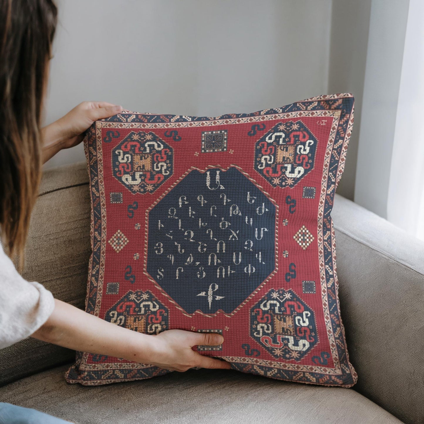 Armenian Alphabet Throw Pillow – Red & Blue - timelessbohochic.com