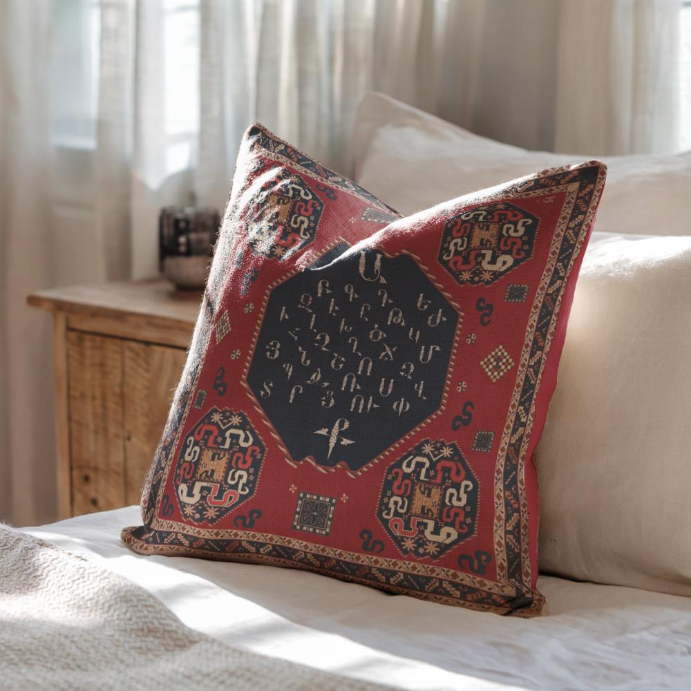 Armenian Alphabet Throw Pillow – Red & Blue - timelessbohochic.com