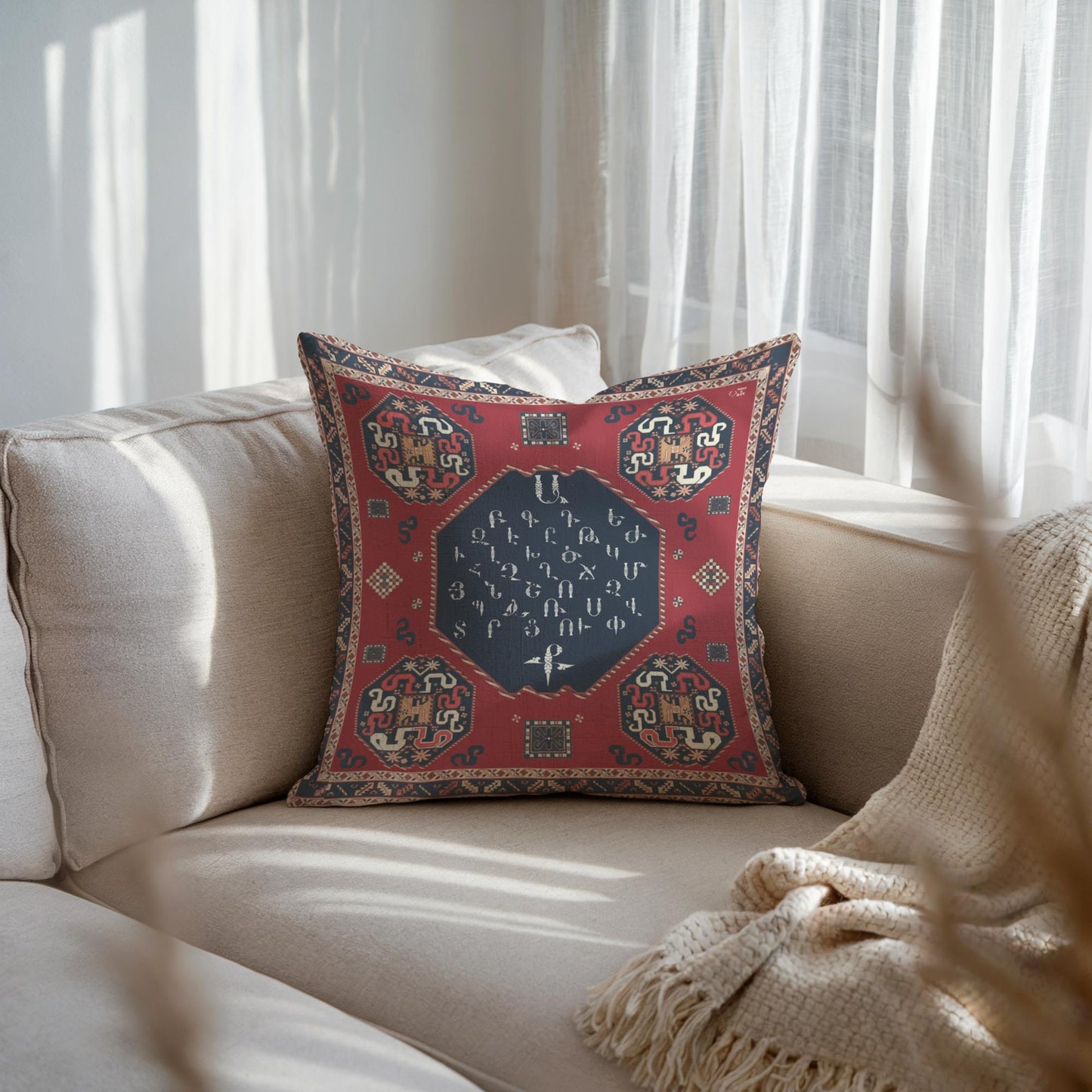 Armenian Alphabet Throw Pillow – Red & Blue - timelessbohochic.com