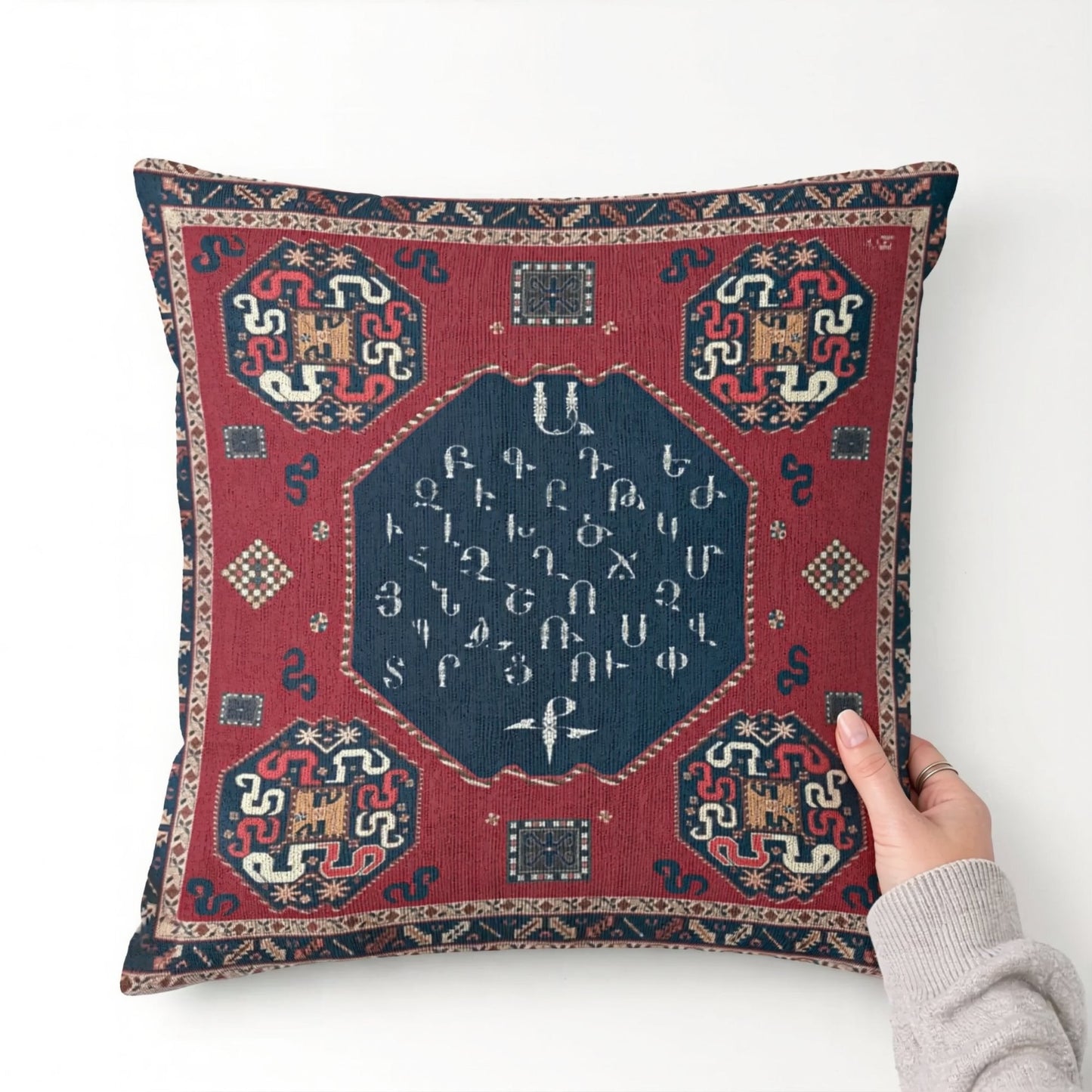 Armenian Alphabet Throw Pillow – Red & Blue - timelessbohochic.com