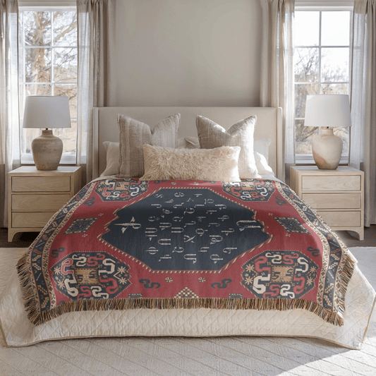 Armenian alphabet woven blanket, white letters on a blue and red medallion design