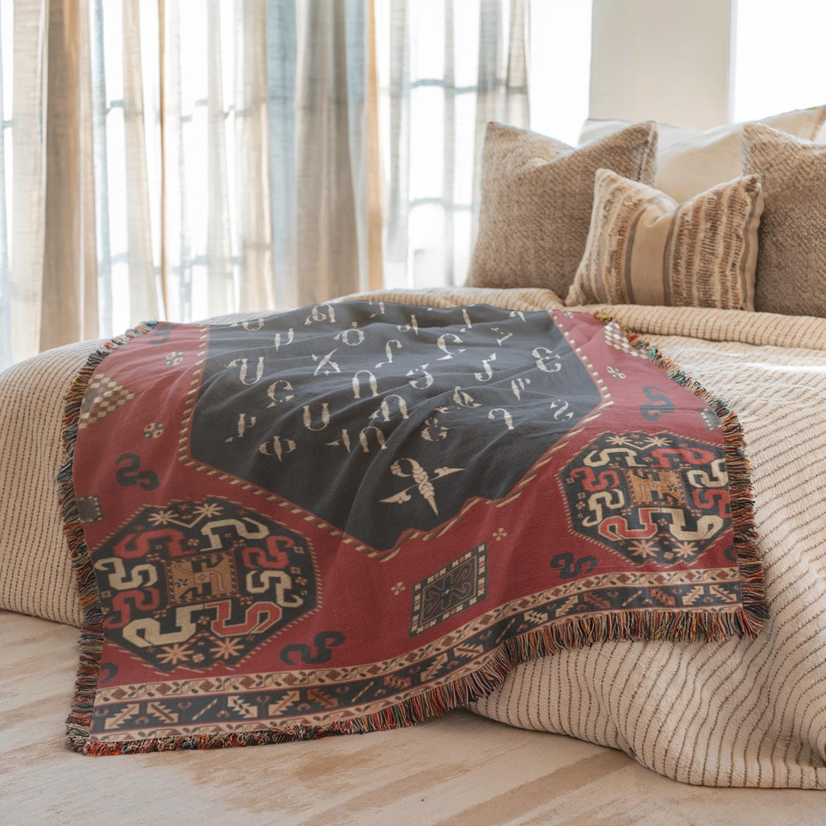 Armenian Alphabet Woven Cotton Blanket Alphabet – Diaspora Heritage Gift - timelessbohochic.com