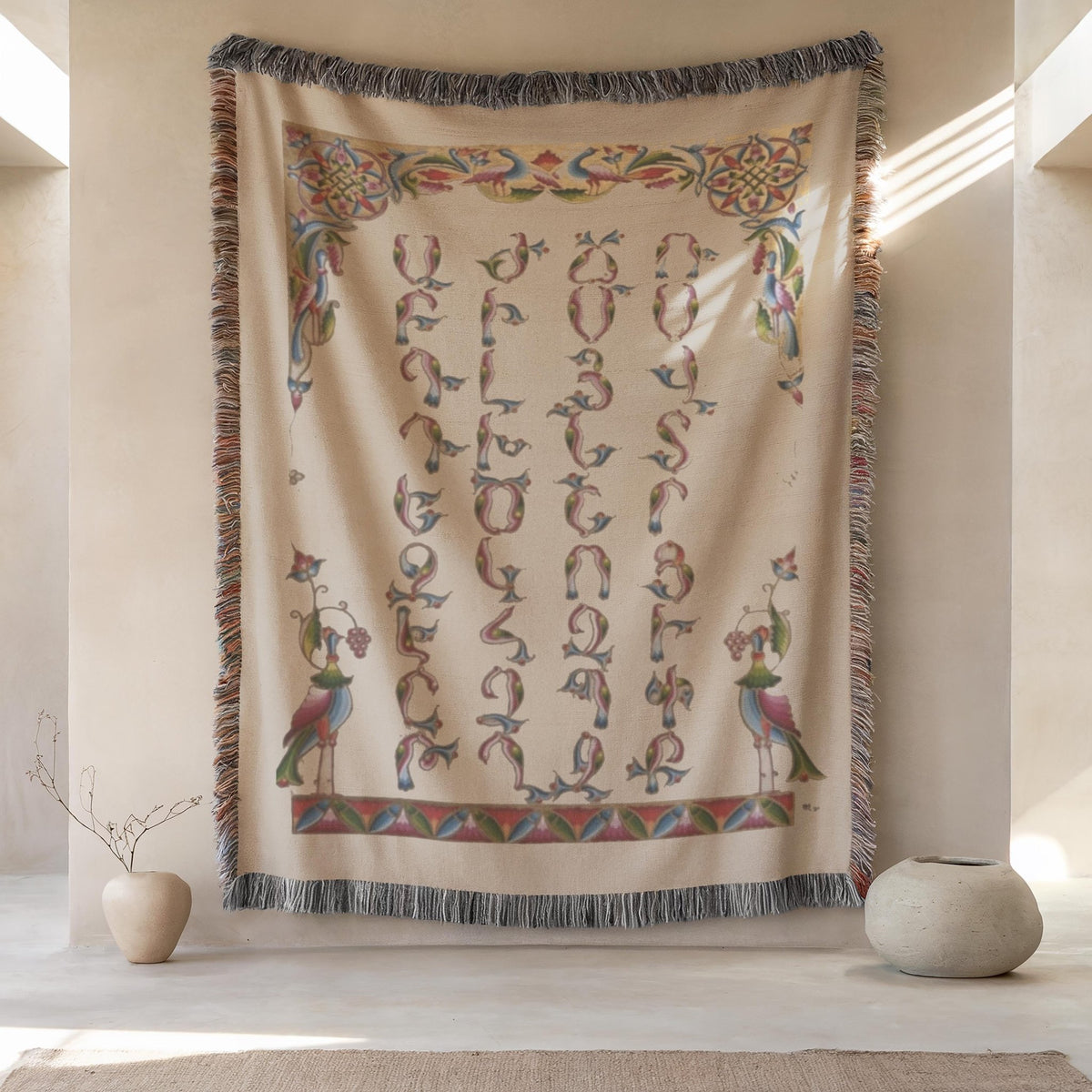 Armenian Alphabet Woven Cotton Blanket Illuminated – Diaspora Heritage Gift - timelessbohochic.com