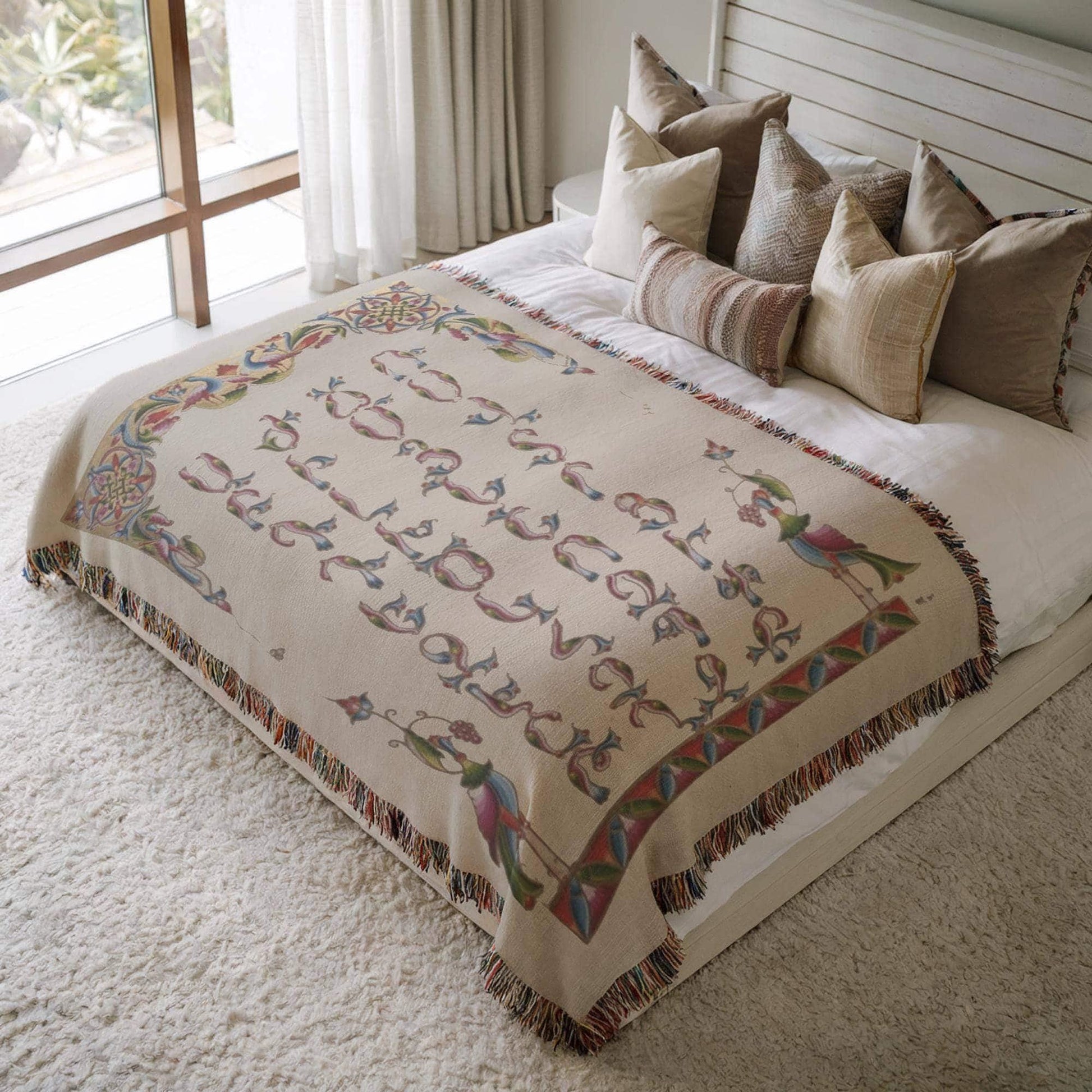 Armenian Alphabet Woven Cotton Blanket Illuminated – Diaspora Heritage Gift - timelessbohochic.com
