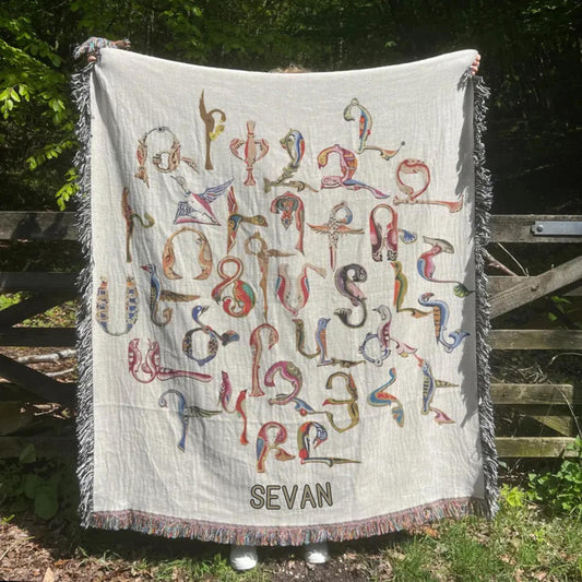 Armenian Alphabet Woven Cotton Blanket Trchnakir – Diaspora Heritage Gift - timelessbohochic.com