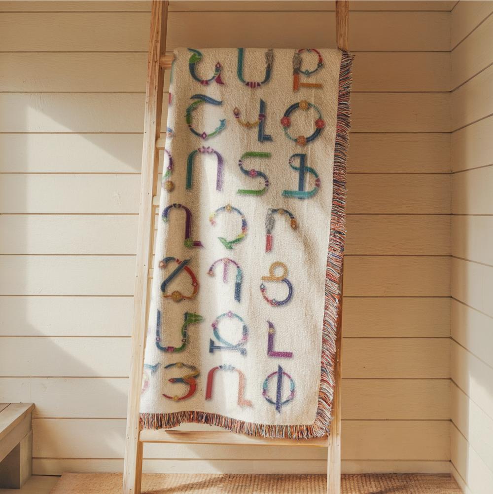 Armenian Alphabet Woven Wall Tapestry – Black & White with Multicolor Fringe - timelessbohochic.com