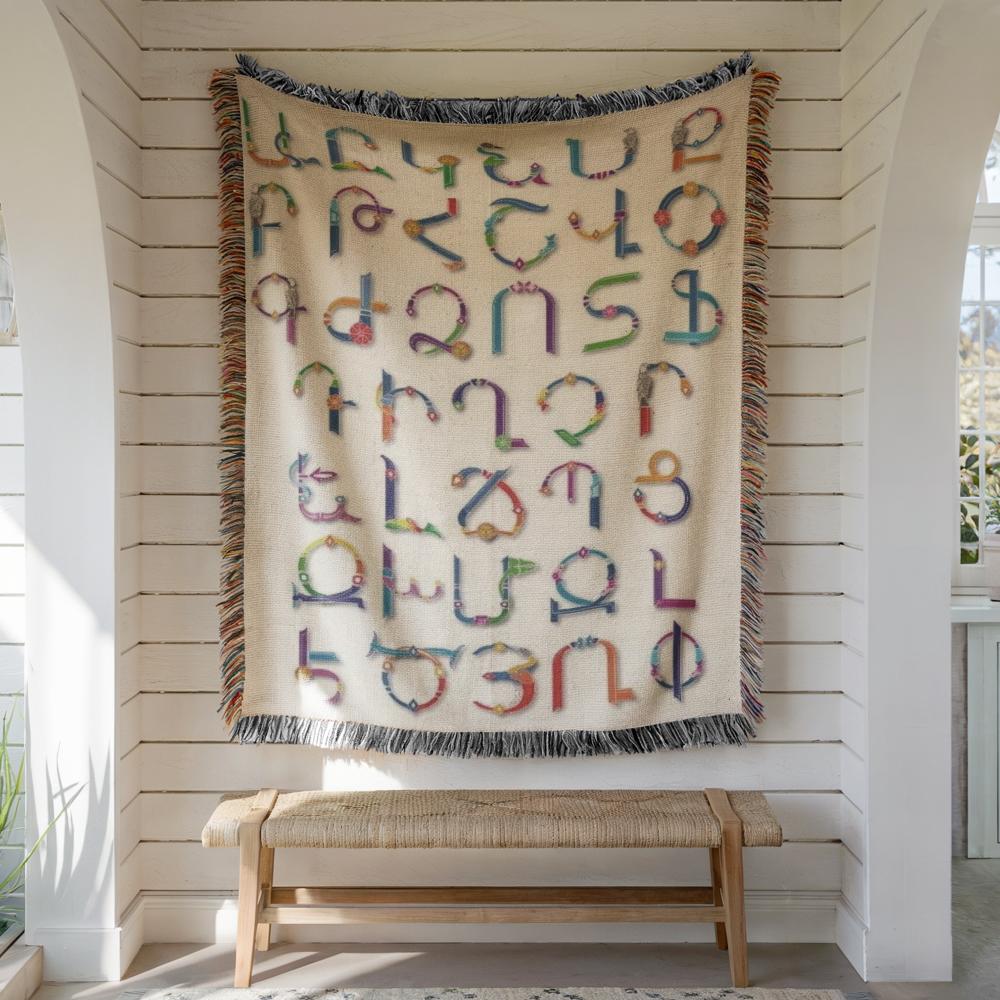 Armenian Alphabet Woven Wall Tapestry – Black & White with Multicolor Fringe - timelessbohochic.com