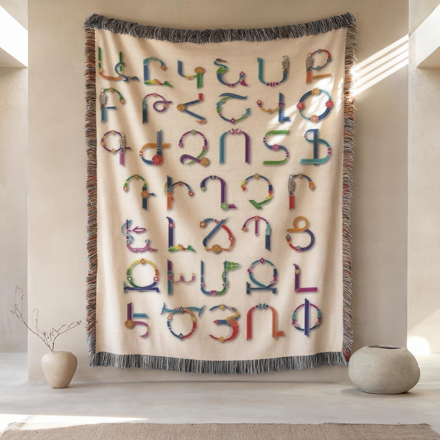 Armenian Alphabet Woven Wall Tapestry – Black & White with Multicolor Fringe - timelessbohochic.com