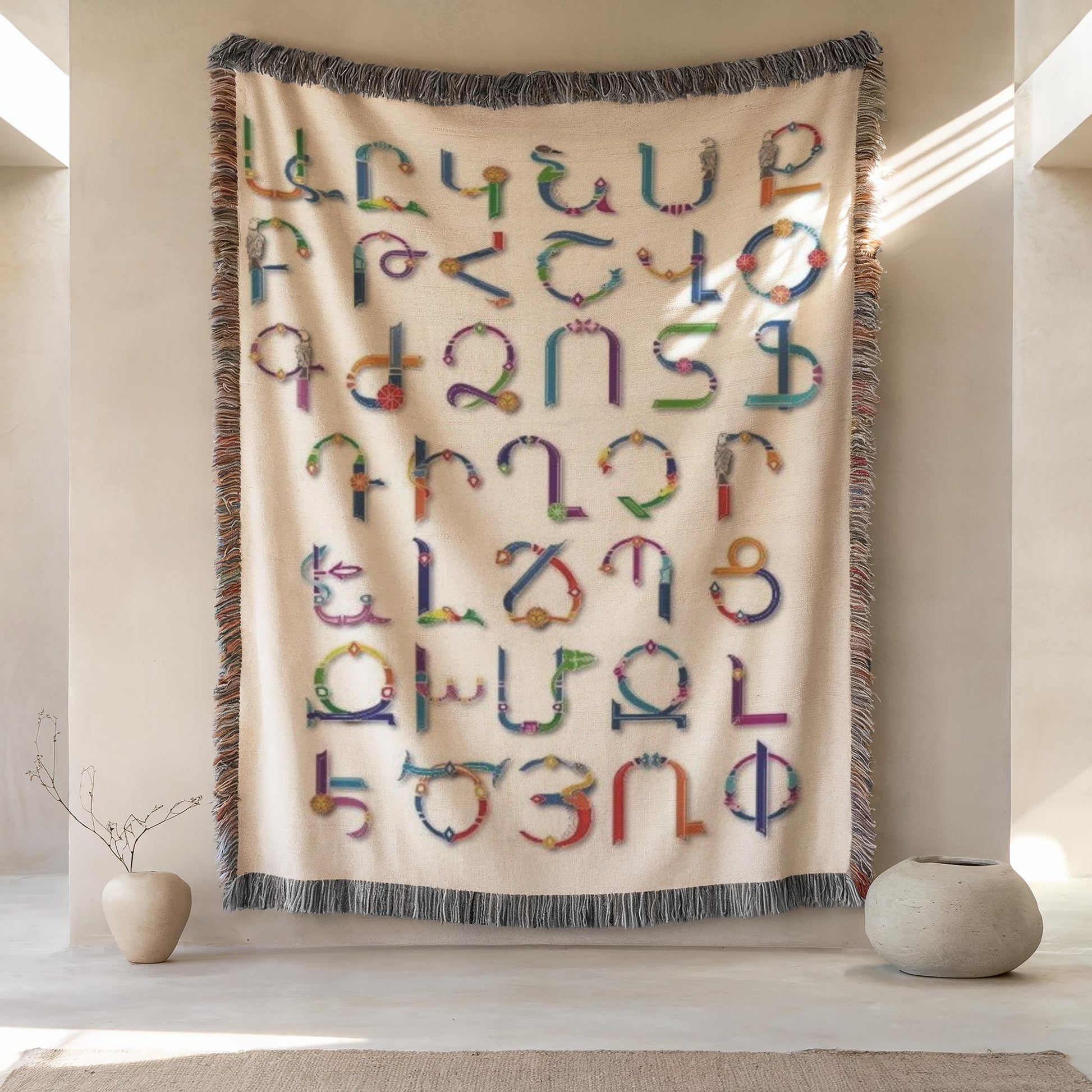 Armenian Alphabet Woven Wall Tapestry – Black & White with Multicolor Fringe - timelessbohochic.com