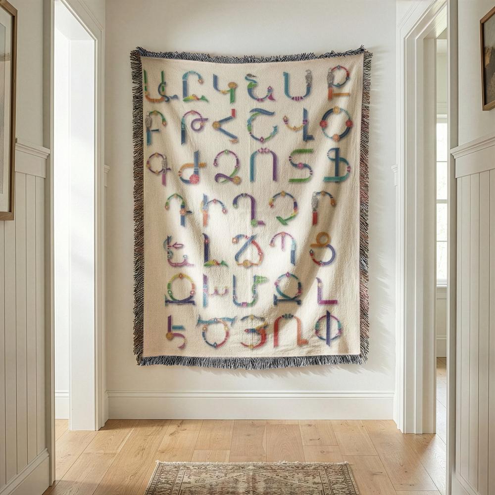 Armenian Alphabet Woven Wall Tapestry – Black & White with Multicolor Fringe - timelessbohochic.com