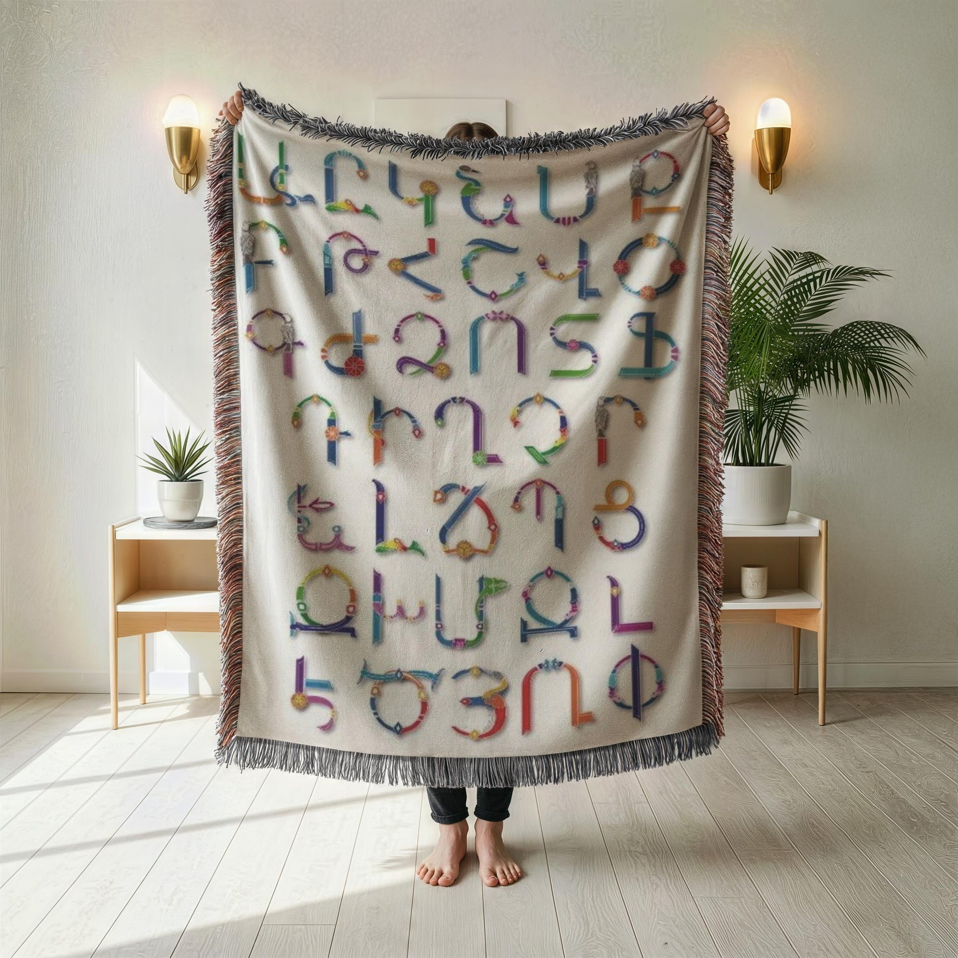 Armenian Alphabet Woven Wall Tapestry – Black & White with Multicolor Fringe - timelessbohochic.com