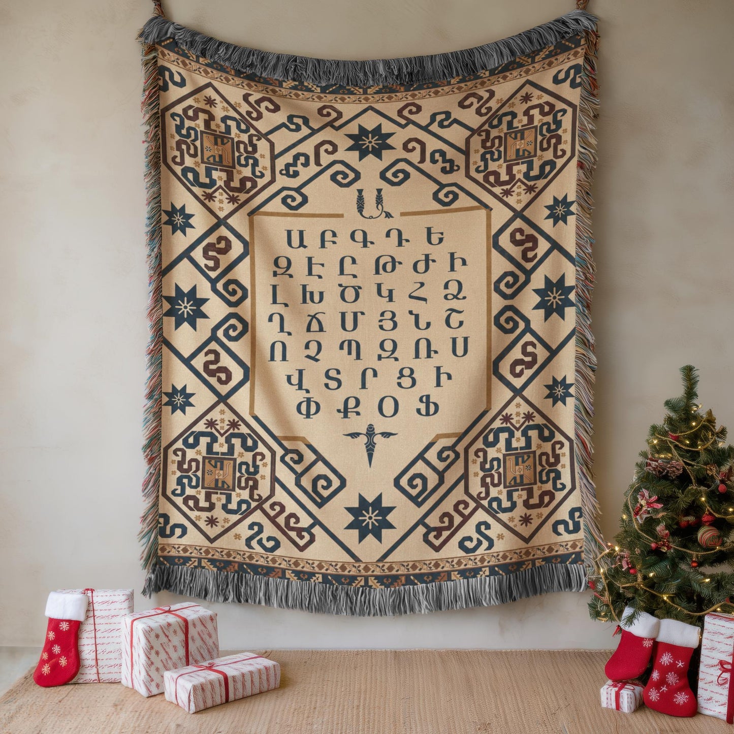 Armenian Alphabet Woven Wall Tapestry – Large Fringed - timelessbohochic.com