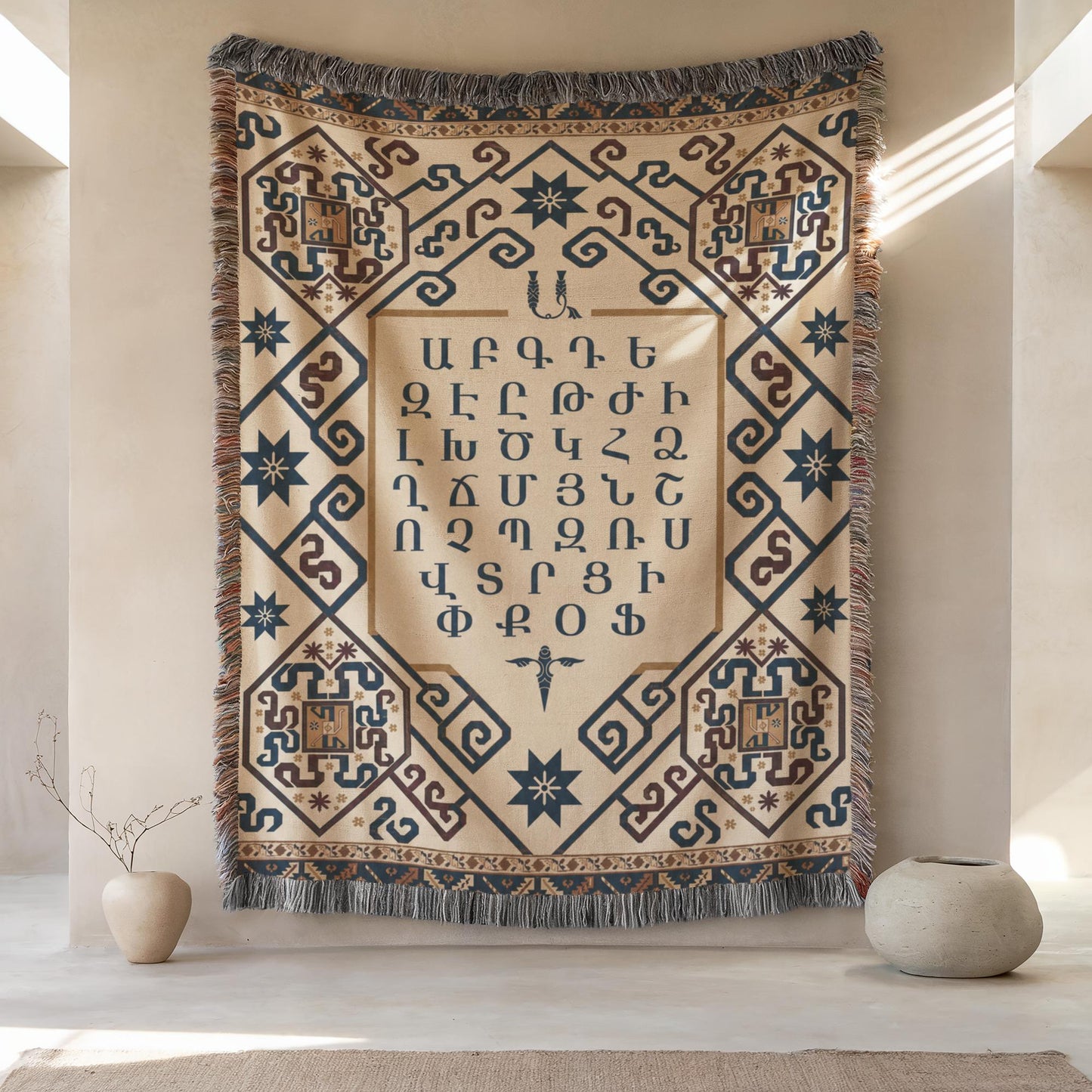 Armenian Alphabet Woven Wall Tapestry – Large Fringed - timelessbohochic.com