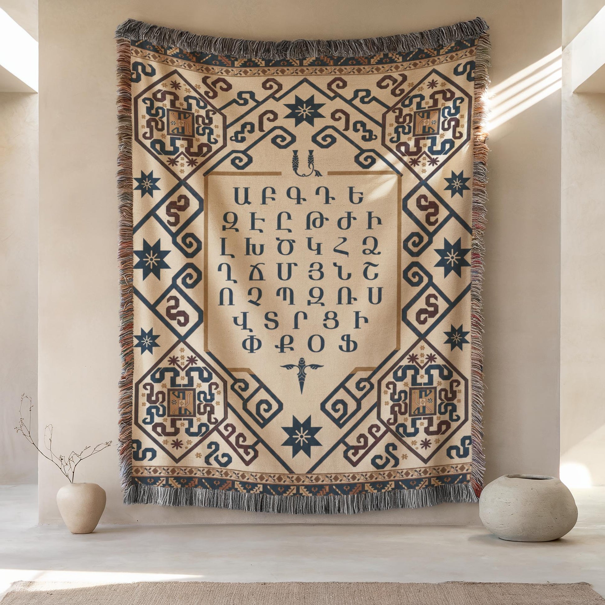 Armenian Alphabet Woven Wall Tapestry – Large Fringed - timelessbohochic.com