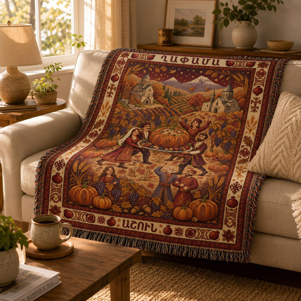 Armenian Ghapama Autumn Family throw on a couch in a living room with plants and a coffee table