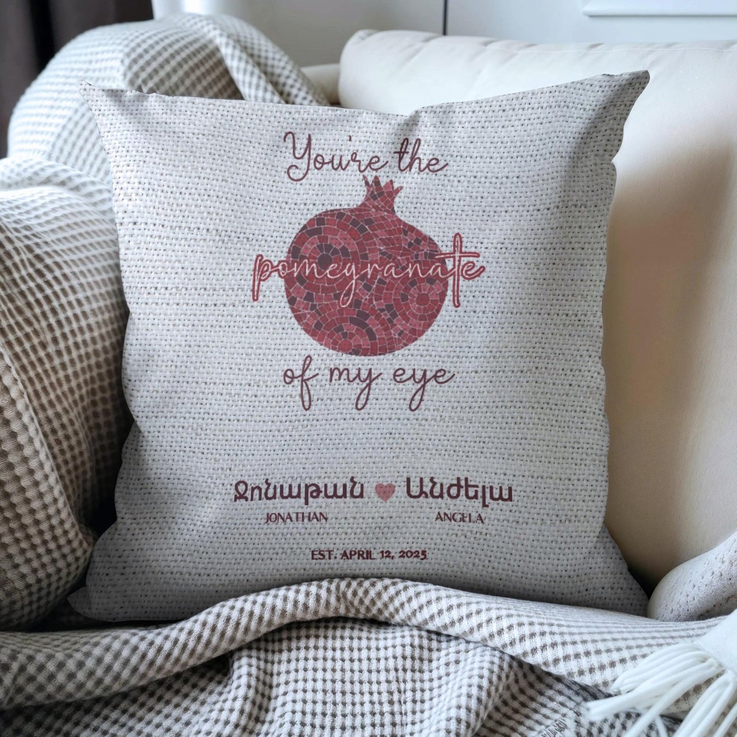 Armenian Beige & Red Monogram Woven Cotton Pillow – Wedding Keepsake - timelessbohochic.com