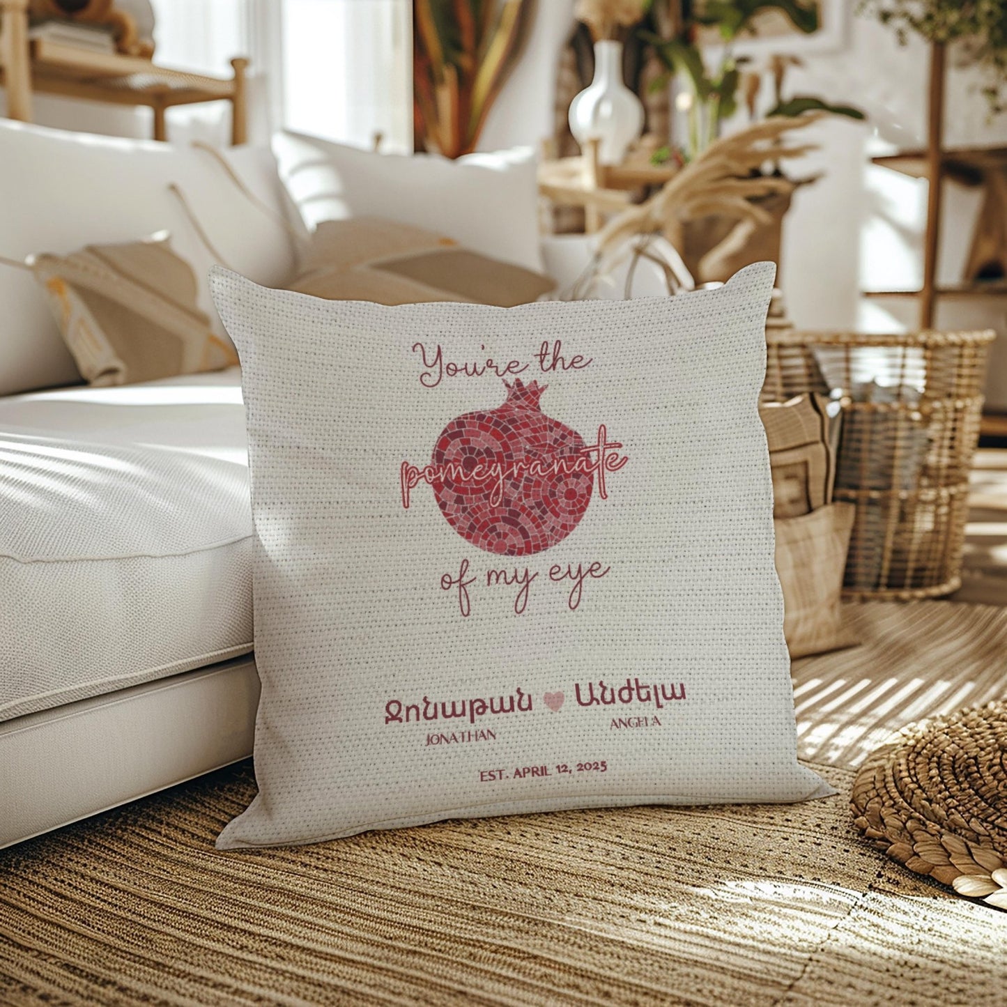 Armenian Beige & Red Monogram Woven Cotton Pillow – Wedding Keepsake - timelessbohochic.com