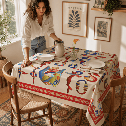 Armenian bird letter square tablecloth in cream, a woman setting a jug and plates on the table