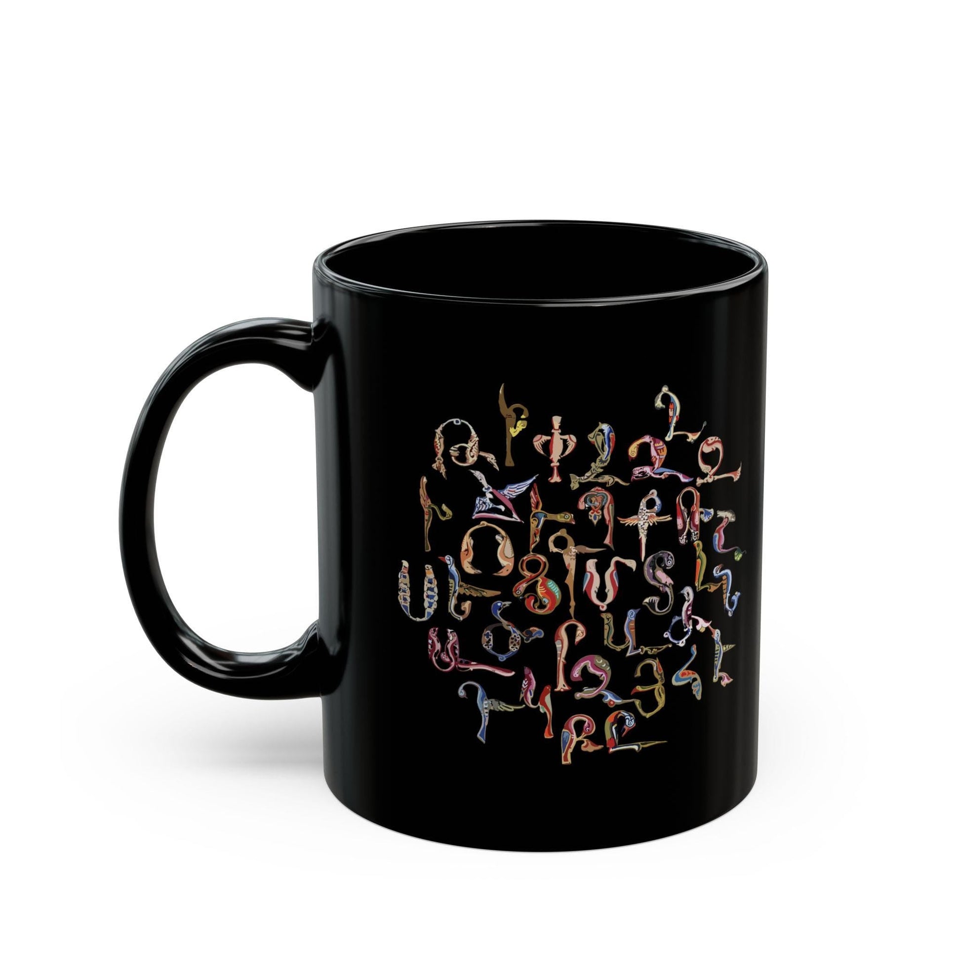 Armenian Birds Alphabet Ceramic Mug, Trshnagir, Glossy Black - timelessbohochic.com