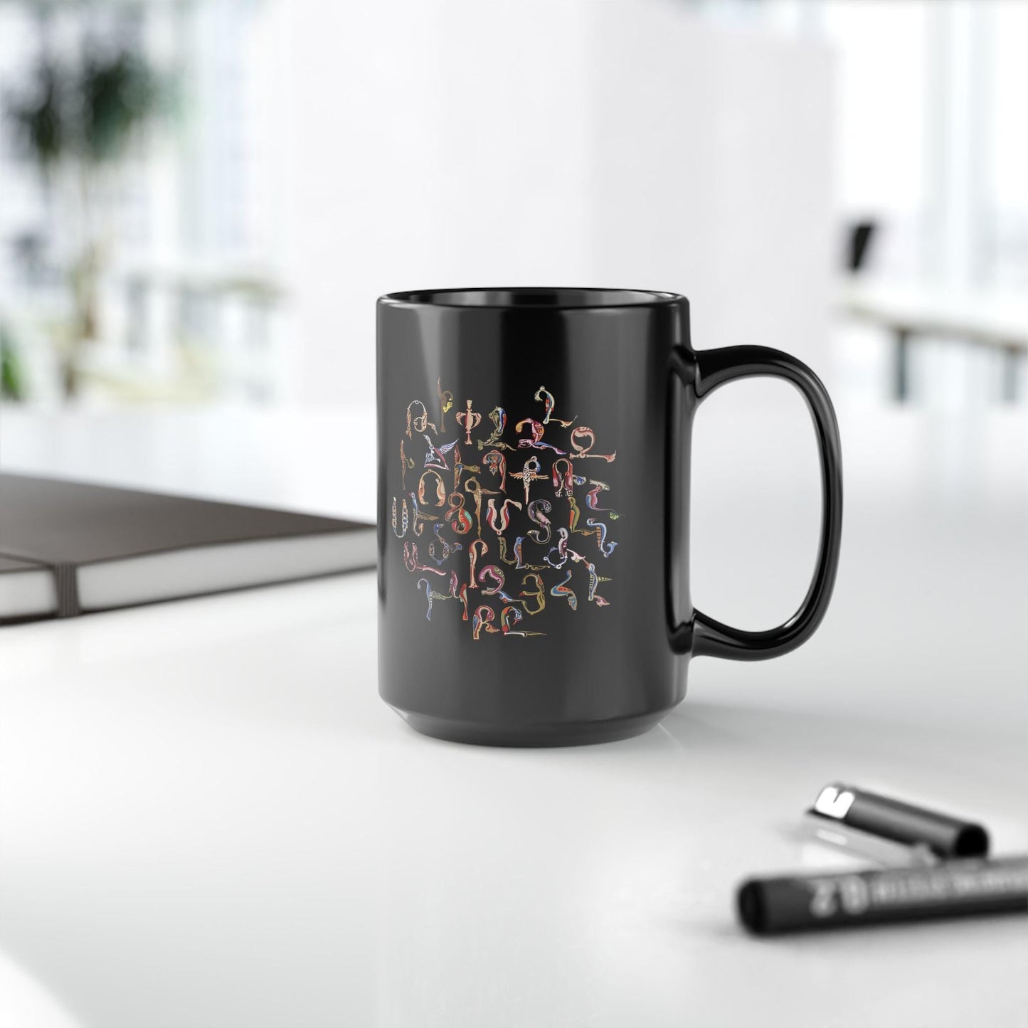 Armenian Birds Alphabet Ceramic Mug, Trshnagir, Glossy Black - timelessbohochic.com