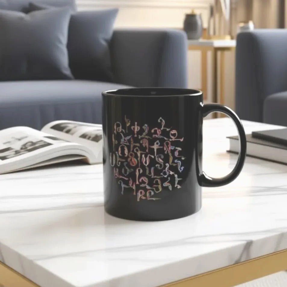 Armenian Birds Alphabet Ceramic Mug, Trshnagir, Glossy Black - timelessbohochic.com