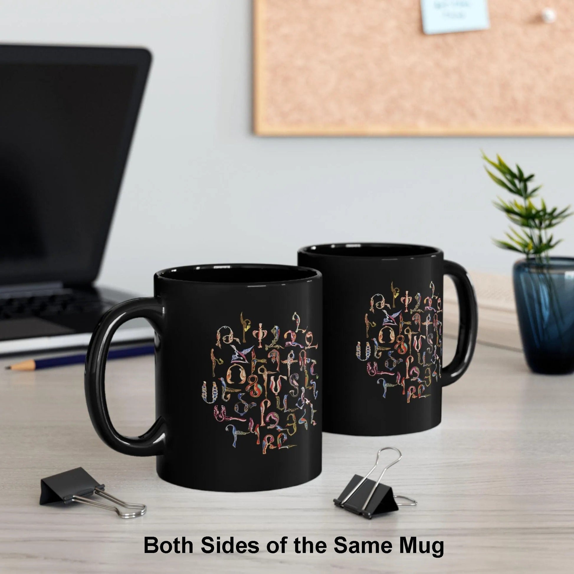 Armenian Birds Alphabet Ceramic Mug, Trshnagir, Glossy Black - timelessbohochic.com