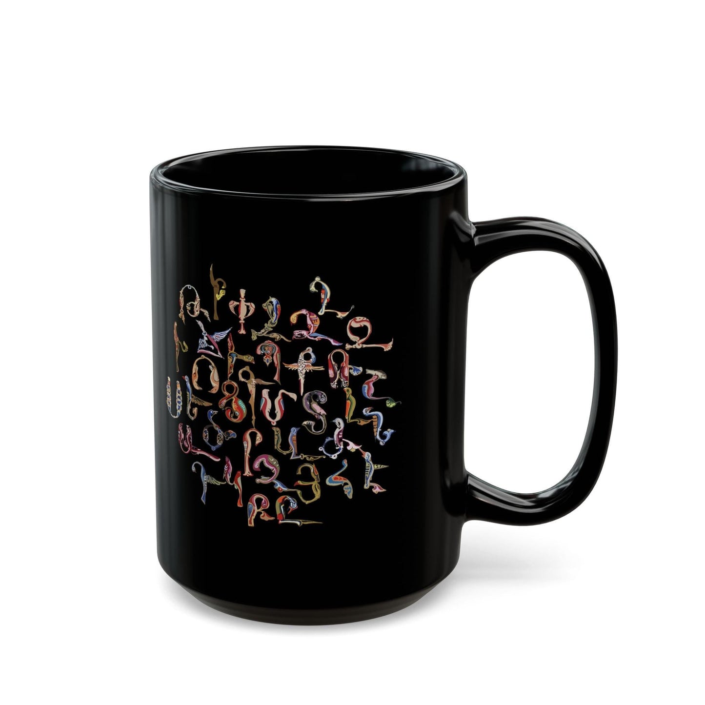 Armenian Birds Alphabet Ceramic Mug, Trshnagir, Glossy Black - timelessbohochic.com
