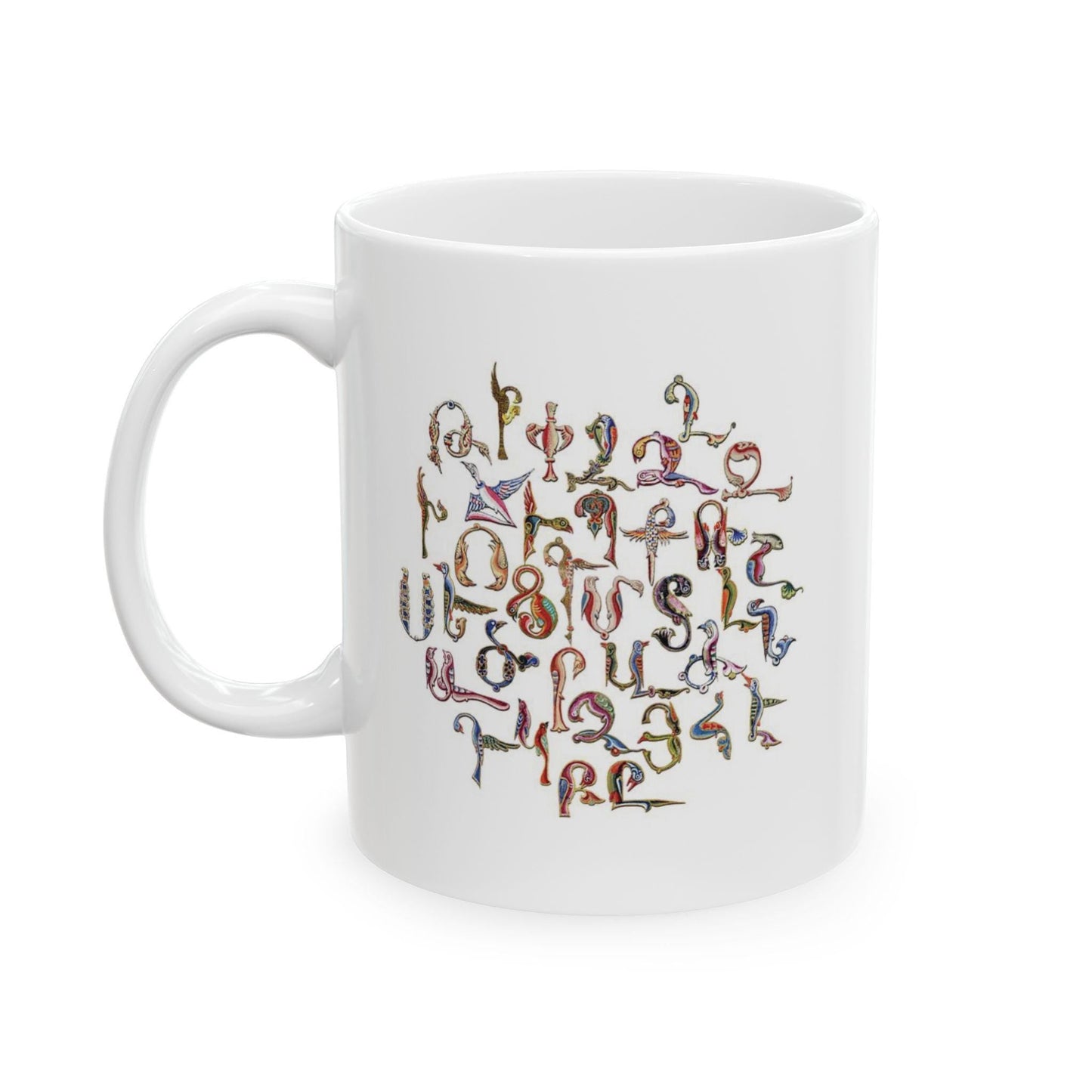 Armenian Birds Alphabet Ceramic Mug, Trshnagir Script, White - timelessbohochic.com