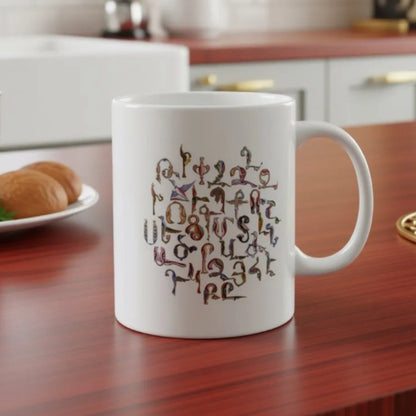 Armenian Birds Alphabet Ceramic Mug, Trshnagir Script, White - timelessbohochic.com