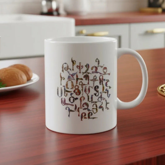 Armenian Birds Alphabet Ceramic Mug, Trshnagir Script, White - timelessbohochic.com
